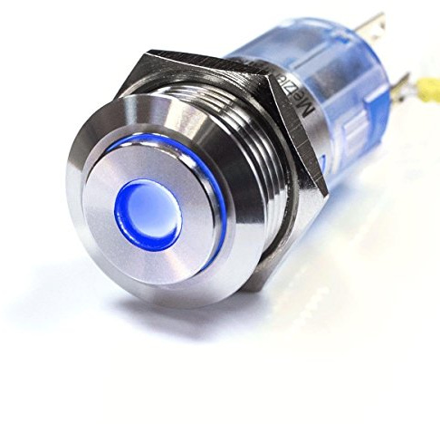 LED-Druckschalter - V2A Edelstahl - Ø 16 mm - erhabene Tastfläche - wasserdicht - Punkt-Beleuchtung (Rastend, Blau)
