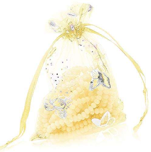 YFZYT 100Stk Tunnelzug Organzabeutel Organzasäckchen Schmetterling Organza Bags Hochzeit Säckchen Bonbonsbeutel Candy Bags mit Drawstring für Geschenke Schmuckaufbewahrung - 11x16cm,Gold B