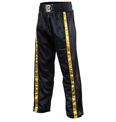 Bay Netz Mesh Kickboxhose Kampfsporthose Schwarz lang Mesh-Netzeinsatz Kontraststreifen in Gold seitlich Polyester Erwachsene Damen Herren Kinder Jungen Mädchen Größe L (180)