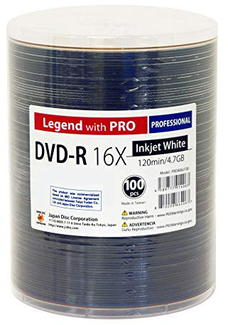 Pack of 100 Professional DVD-R Legend with Pro Taiyo Yuden TY Technology 16X 4.7GB 120Min (MID TYG03) White Inkjet Hub Printable Blank Recordable Disc