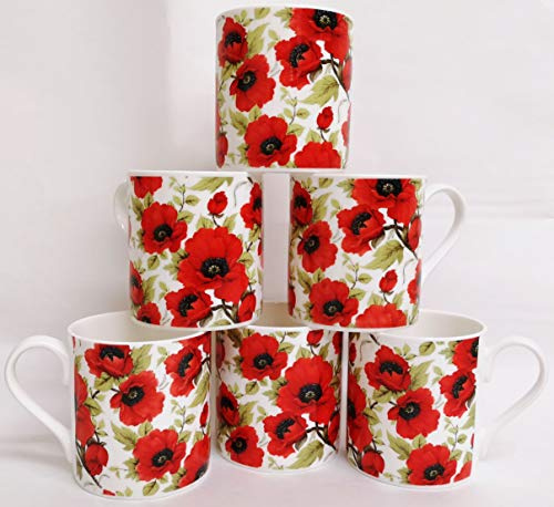 Red Poppy Lot de 6 tasses en porcelaine anglaise décorée à la main Motif coquelicots