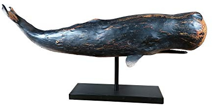 MichaelNoll Wal Dekofigur Statue Skulptur Standfuß Polyresin Modern - Maritime Deko für Wohnung in Holz-Optik Blau - Dekoration für Wohnzimmer, Schlafzimmer oder Badezimmer - XXL 77x17,5x38,5 cm