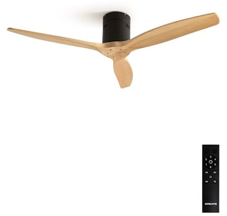 CREATE / WINDCALM M/Deckenventilator ABS Schwarz Hellesholzflügel-Optik mit Fernbedienung / 40W, Leise, Ø132cm, Timer von 1 bis 4 Std., DC-Motor, Sommer-Winterbetrieb
