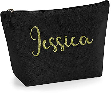 Personalisiert Großer Name Initialen Text Kosmetiktasche Damen Schminktasche für Handtasche Makeup Tasche mit Texturdruck - Gold Glitter - M | Schwarz