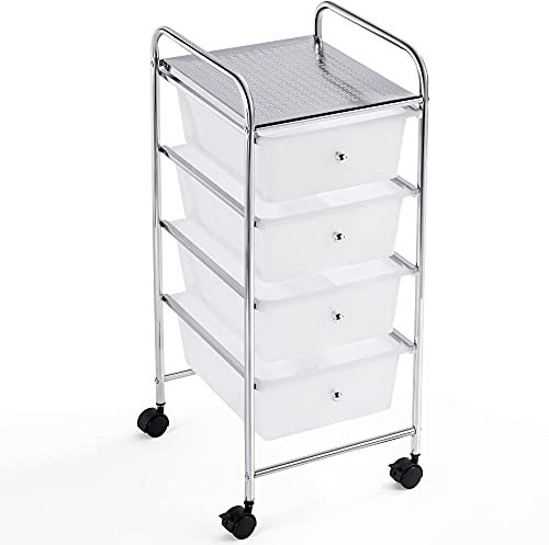 Yaheetech Badrollwagen Badezimmerwagen Rollcontainer mit 4 stapelbaren Schubladen, Rollwagen aus Metall und Kunststoff, Schubladenwagen für Küche Bad Büro Schlafzimmer Weiß
