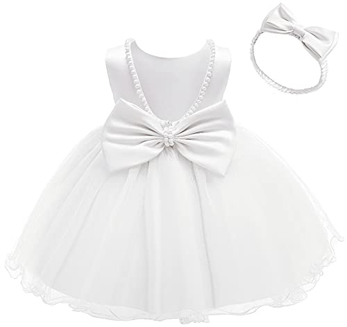 IWEMEK Vestido de princesa tutú con lazo sin espalda con cuentas y diadema sin mangas para cumpleaños, bautizo, primera comunión, dama de honor, boda, fiesta, baile de graduación, blanco, 24 meses