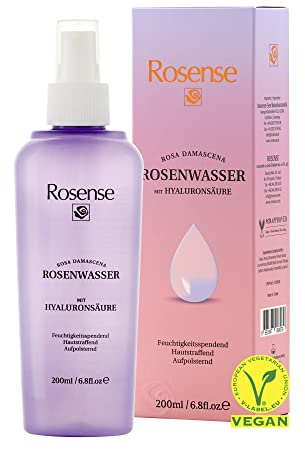 Rosense Spray de agua de rosas con ácido hialurónico, spray hidratante para limpieza facial, vegano, 100% natural, 200 ml
