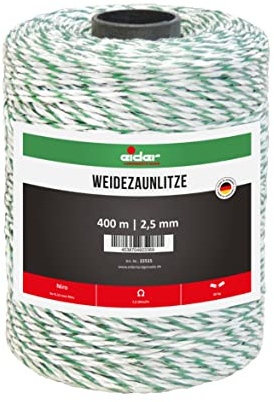 Eider Weidezaunlitze, 2,5 mm Ø, weiß/grün - 400 m Rolle - 6 Niroleiter 0,15 mm Ø - ideal für Schafe/Schafzaun - Made in Germany (1 Rolle)