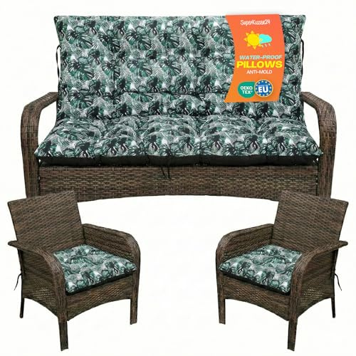 SuperKissen24. Sitzkissen Bankkissen Bankauflage - 140x50 cm und Rückenlehne 140x60 cm mit 2er 45x45 cm Stuhlkissen Set - Outdoor und Indoor - Exotic