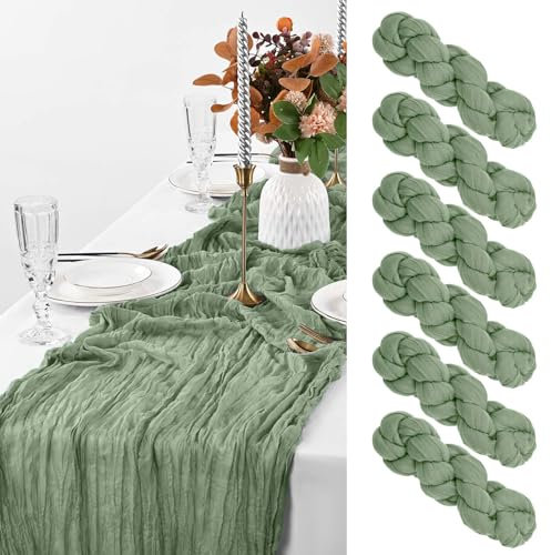 6 Stück salbeigrüne Seihtuch-Tischläufer, rustikale salbeigrüne Tischdecke, Gaze-Tischläufer 90x 300cm Käsetuch Boho-Tischläufer für Hochzeit