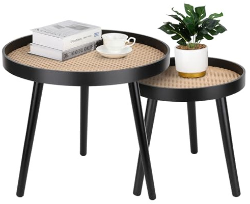 Rattan Round Side Table, Black Small End Table, Accent Table, Modern Boho Bedside Table, Mid-Century Patio Side Table, End Tables for Living Room Bedroom Office Balcony