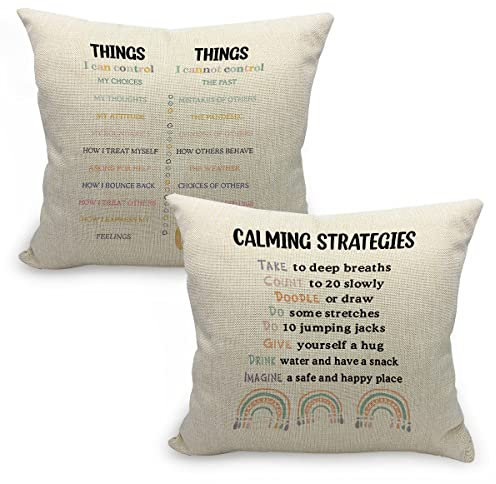 Calming Strategies Mental Health Throw Pillow Case Set of 2,Psychologist Therapist School Counselor Gifts,Teens Kids Gifts,18 x 18 Inch Therapy Office Decorative Linen Cushion Cover for Sofa Couch Bed