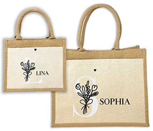 TOBJA Jutetasche Personalisiert mit Blumendesign | Jutebeutel in 2 Größen | Individueller Buchstabe und Name (XL)