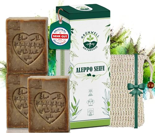Grünwell Naturoase Aleppo Seife Original Set ca. 600g mit 20% Lorbeeröl 80% Olivenöl | Olivenölseife Natürliche Pflege für Gesicht und Körper | Haarseife olivenöl seife | aleppo soap