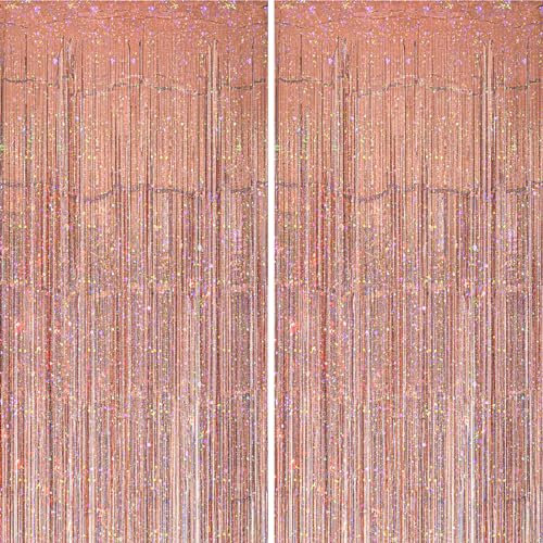 KERNOWO Lametta Vorhang Rosagold Glitzer,2 Stück Party Luftschlangen für Geburtstagsdeko Glänzende Hintergrund Vorhänge,Glitzervorhang als Geburtstagsdeko Mädchen