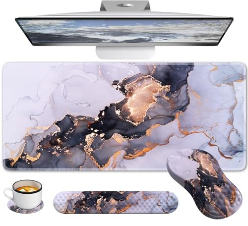 Anyshock Sous-main de bureau avec repose-poignet, support ergonomique pour clavier, tapis de souris XXL pour canal carpien, tapis de souris avec sous-verre, clavier d'ordinateur portable mat, marbre