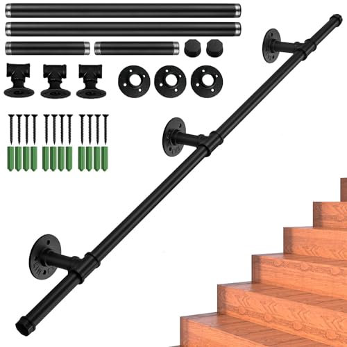 Bannister Rail for Stairs Magtctyae 1.5M / 5FT Black Handrail for Stairs Wall Mounted Supports Indoor Outdoor Safety Handrail Stair Hand Rails with Fittings Outside Handrails for Elderly Side fix