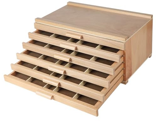 CPROSP 6 Tiroirs Boîte de Rangement pour Artiste 40 * 25 * 18cm, Boite de Rangement en Bois pour Crayon Avec Séparateurs Amovibles, Convient aux Crayons Pastel, Crayons, Stylos, Marqueurs et Pinceaux