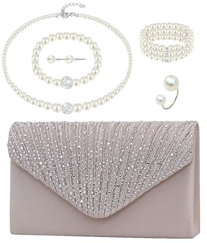 Jamron Damen Vintage 6 Stücke Perlen Schmuckset und Clutch für Hochzeit Prom Abend Party