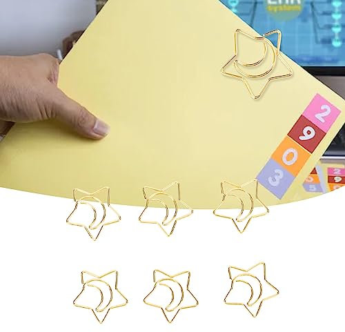LetCart Büroklammern Stern Mond Büroklammern, 100 Stück, goldfarben, niedliche Büroklammern für Büro, Schule, verhindert Rost, rutschfest, für den täglichen Gebrauch, 1,3 cm