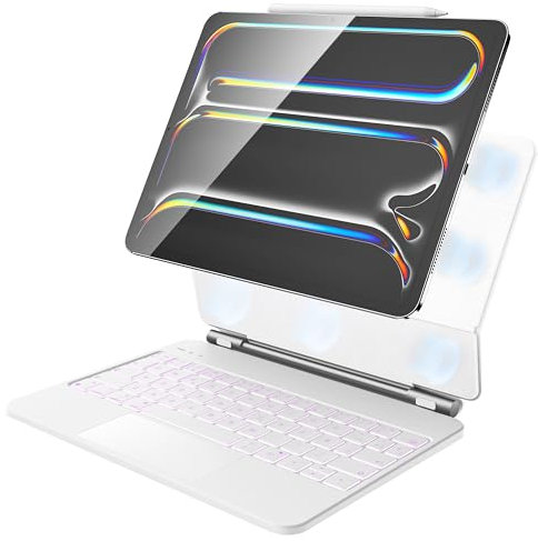 HOU Teclado para iPad Pro de 11 Pulgadas (M5/M4 2025), Funda con Teclado para iPad Pro 2025 de 11” con Trackpad Multitáctil, Retroiluminación de 7 Colores, Soporte Magnético,Español, QWERTY-Blanco