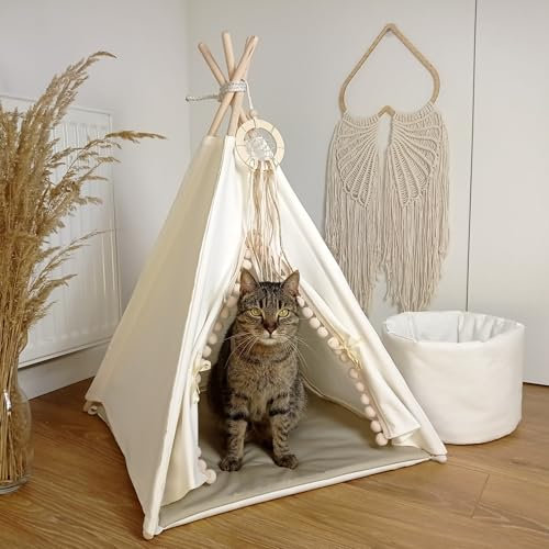 HOMECHIC Haustier Hundebett Katzenzelt Creme/Beige mit Pompons und zweifarbiger Matte 54×54x81 cm + Körbchen 30cm Hunde/Katzen-Tipi