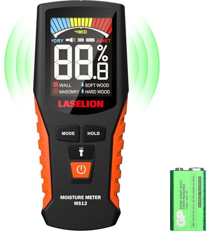 Misuratore di Umidità del Legno Senza Perno, LASELION Rilevatore di Umidità con Batteria e Display LCD, 4 Modalità di Misurazione Non Distruttivo per Pareti in Legno da Ardere Materiali da Costruzione