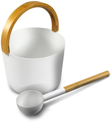 KOLO Sauna Set Kiulu 2 - Kübel 5 l + Aufgusskelle 300 ml - Weißes Aluminium - Bambusgriff - 2-teiliges Premium-Set für Aufgüsse und authentische finnische Saunakultur - Made in Finland