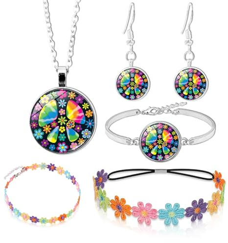 PASLFC Hippie Kostüm Set,5 Stück Hippie Kostüm Damen Accessoires,70er hippies flower power accessoires,Peace Kette Und Ohrring,60er 70er Jahre Bekleidung,Motto Party Halloween Fasching Karneval