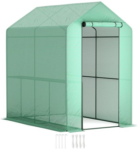 Outsunny Walk-in Greenhouse with 2 Tier 4 Shelves, Small Greenhouse with Reinforced PE Cover, Garden Plant Growhouse with Roll-up Door, 120 x 186 x 190 cm, Green
