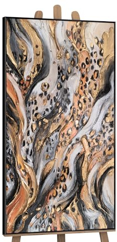 YS-Art Dipinti acrilici Astratti su Tela con Cornice Bellissimi Quadri con Accenti Dorati Dipinti a Mano Quadri da Parete per Soggiorno Arredamento Moderno per la casa Vere opere d'Arte 120x60 cm