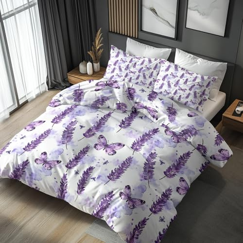 Generico Copripiumino Singolo Lavanda, Set di Biancheria da Letto Farfalla Fiori Lilla, Copri Piumino 135x200 cm e 1 Federa 50x80 cm, Copripiumone Microfibra Morbido - YKA763