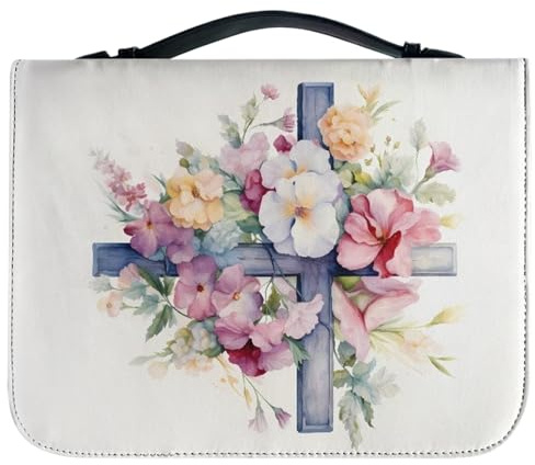 Bibelhülle Blumenmuster mit Kreuzdruck Bibelhülle mit Griff Bibeltasche aus PU-Leder mit Reißverschluss wasserdichte Bibeltragetasche Vintage große L