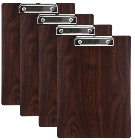 Klemmbrett A4 Holz, 4 Stück Klemmbretter A4 mit Metallklemme, Schreibbrett Clipboard aus Holz, Schreibunterlagen für Speisekarte Büro Arbeit Schule Zeichnung Pflege Zubehör (Dunkelbraun)