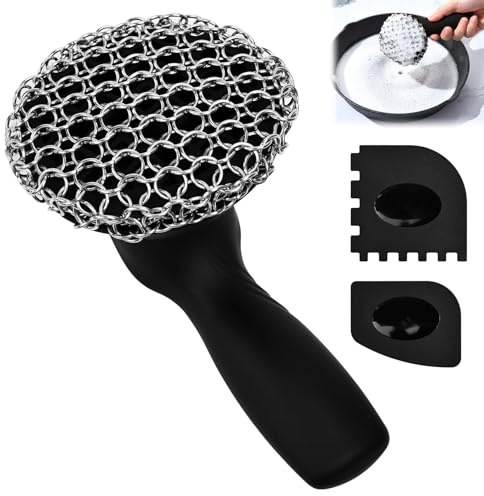 Huucozn Cepillo de Acero Inoxidable para Ollas | Cepillo para Limpiar Sartenes y de Hierro Fundido y Parrillas - con Mango/Rascadores | Cepillo de Cocina para Fregar Platos Ollas Cadenas