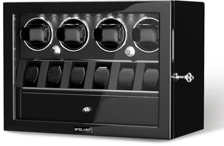 XTELARY Remontoir de Montre verrouillable Noir pour 4 avec 6 emplacements mémoire, tiroir de Rangement, 4 Modes de Rotation, lumière LED Blanche, Moteur Super Silencieux et Coussin à Ressort pour