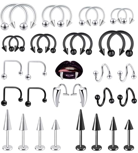 FIRSAUKI Lip Rings 16G Snake Bite Piercing Labret Jewelry Monroe Lip Barbell Ring Spike Nose Stud Spiral Piercing Vampire Fangs Lip Cuff Stainless Steel Vertical Helix Jewelry for Women Men