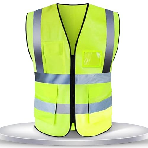 ATEK Hi Vis Vest with Pockets & Zipper – High Visibility Reflective Safety Vest for Men & Women – Security, Traffic, Construction, Surveying Workwear (M)