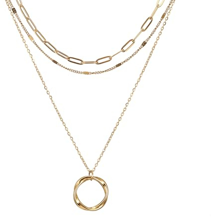 AFSTALR Layering Kette Damen 3PCS Mehrreihige Halskette Gold Silber Roségold mit Kreis Gedrehtem Anhänger Edelstahl Choker Necklace Wasserfest Schmuck Geschenke für Frauen Mädchen