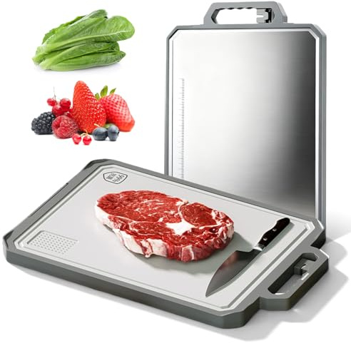 Tagliere in acciaio inox, 43,8 x 30 cm, resistente, su entrambi i lati, acciaio inossidabile 304 per uso alimentare e PP, antiscivolo, atossico, facile da pulire per carne, verdure, frutta