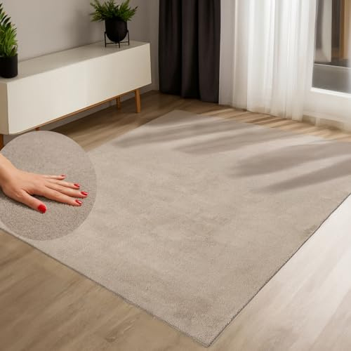 payé Teppich Kurzflor Taupe 200x280 cm waschbar weich rutschfest Wohnzimmer Schlafzimmer Felloptik pflegeleicht flachgewebe modern stilvoll einfarbig