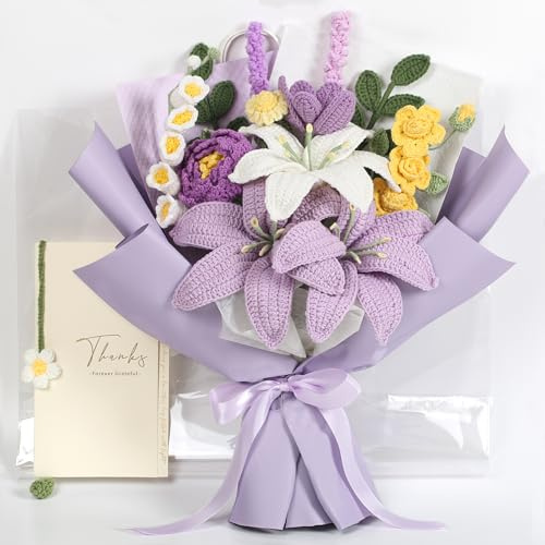 EZsenses Bouquet di fiori all'uncinetto Premium Edition – Mazzo di fiori di giglio lavorato a mano all'uncinetto per decorazione della casa, matrimoni, compleanni, festa della mamma, con sacchetto