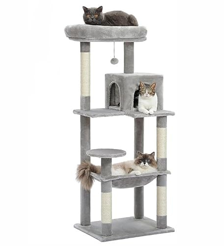 Storivo Katzenbaum, 143 cm Kletterturm mit Kratzbaum, Grau, Plüsch-Liegeflächen, Sisal-Kratzsäulen, Höhlenhaus, Mehrere Ebenen, Moderner Stil, für Alle Katzenrassen