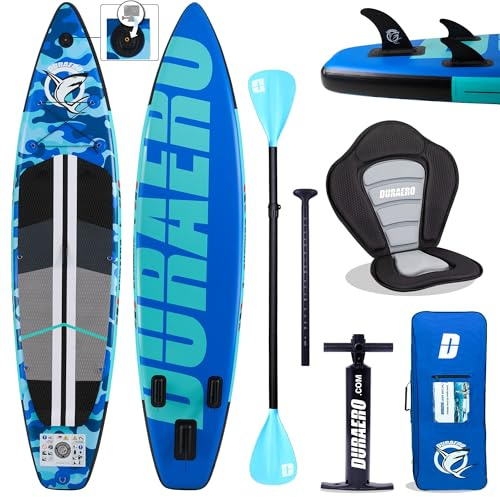 Tavola da SUP gonfiabile, con supporto per fotocamera, 330 x 76 x 15 cm, fino a 150 kg, anello per il piede, pompa, zaino (mimetico blu 330x76x15cm)