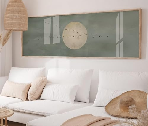 YUSUZHU Quadro su tela Japandi con luna verde salvia - Grande decorazione panoramica per la decorazione del letto. Immagini, dipinti, poster, stampe murali (45x135 cm/cornice interna)