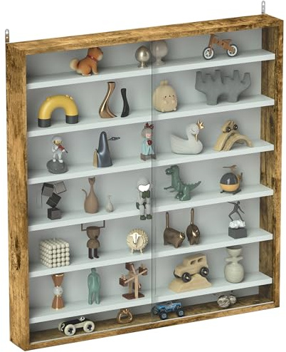 HOMCOM Vitrine für Wand-Vitrinen, 80 x 9,5 x 83 cm, mit 6 höhenverstellbaren Einlegeböden und 2 Schiebetüren aus Glas, für Sammlung von Figuren und Miniaturautos, Braun