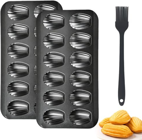 FARYODI Molde de acero al carbono con 12 cavidades de Madeleine, antiadherente, con pincel para aceite de silicona, moldes de silicona para Madeleines, galletas, chocolates, dulces