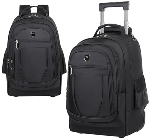Ryggsäck med hjul för kvinnor Herr, 15,6 tum, lätt rullväska, resväska (50 x 34 x 22 cm), vattentät laptopryggsäck med teleskophandtag, för företag, universitet, flygplan, kapacitet 55 L (Svart)