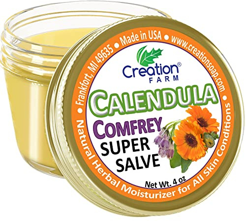 Calendula Comfrey Super Salve by Creation Farm, Herbal Balm, Moisturizer, and Ointment with No Gluten, Soy, GMO or Parabens, Made in USA Comforts many issues.