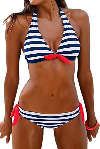 PANOZON Frauen Streifen Taillierte Badeanzug Split Damen Bademode Set Bikini(Large,Blau Weiss)